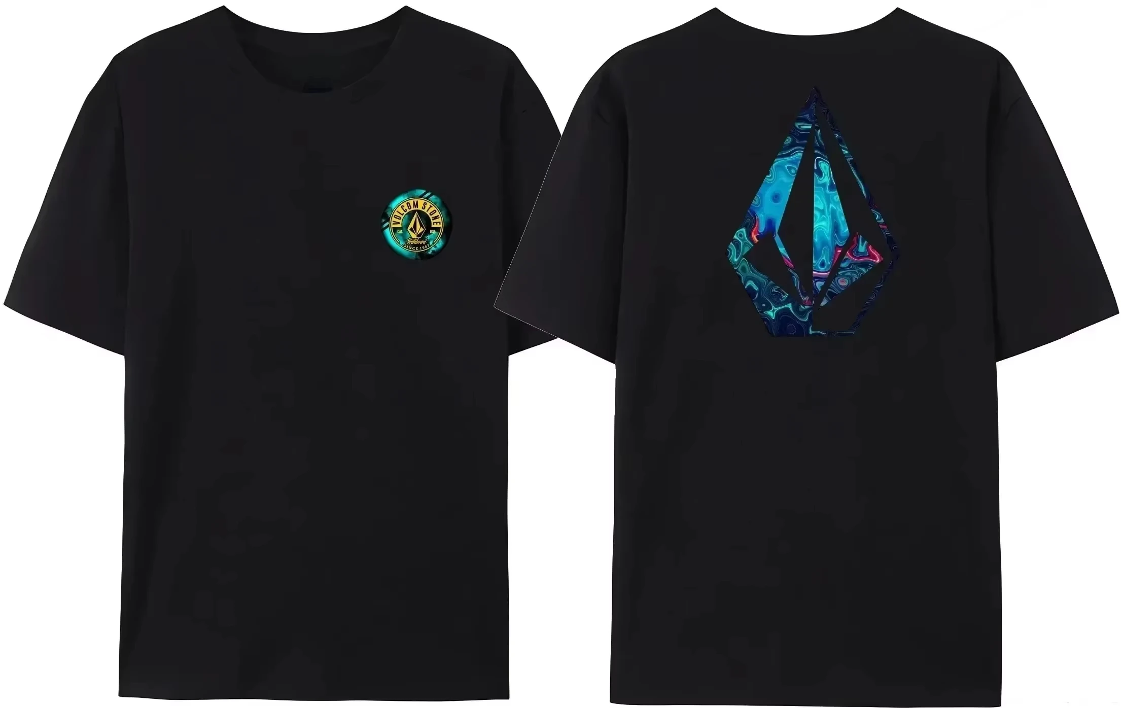 2026 New Volcom Unisex Oversized Streetwear T Shirt Swirl Marble Fluid Geometric Logo Chest Back Double Print Cotton Tee