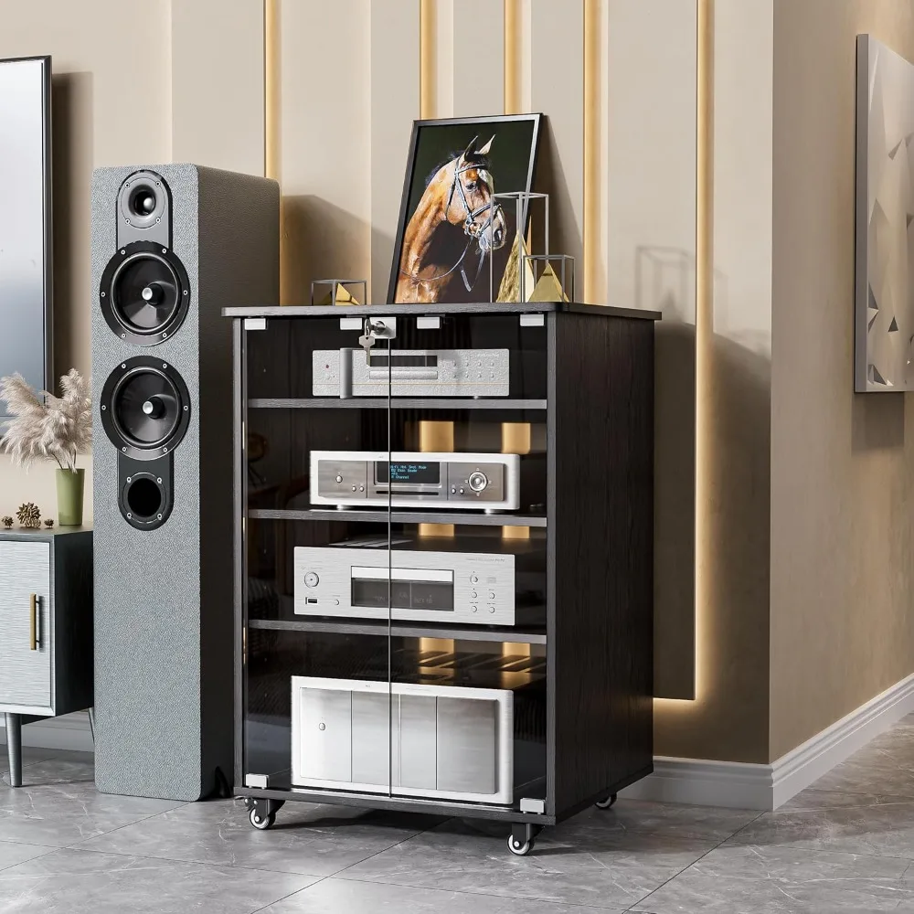 

Media Storage Cabinet, Audio Video Media Stand Cabinet with 4 Shelves Height Adjustable Modern AV Cabinet with Glass Doors Lock
