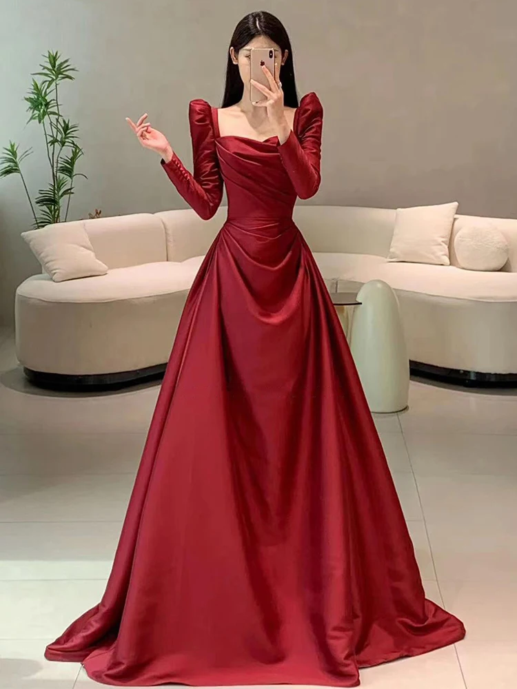 

Элегантное длинное свадебное платье с длинными рукавами, осенне-зимнее, цвета бордо, для церемонии, в пол, с шлейфом