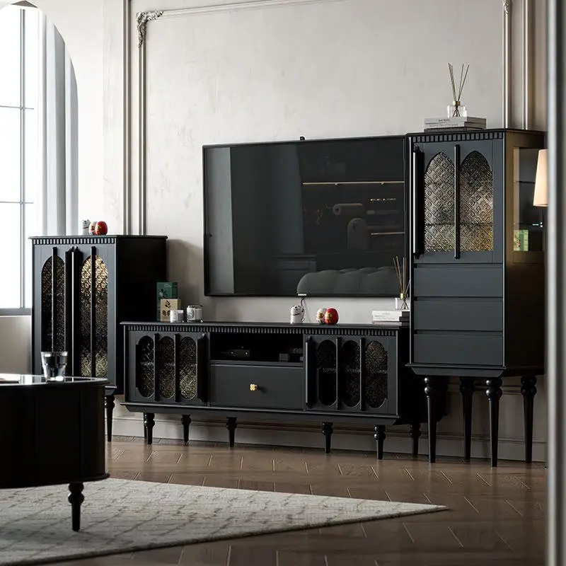 French light luxury floor TV cabinet black retro style living room coffee table combination