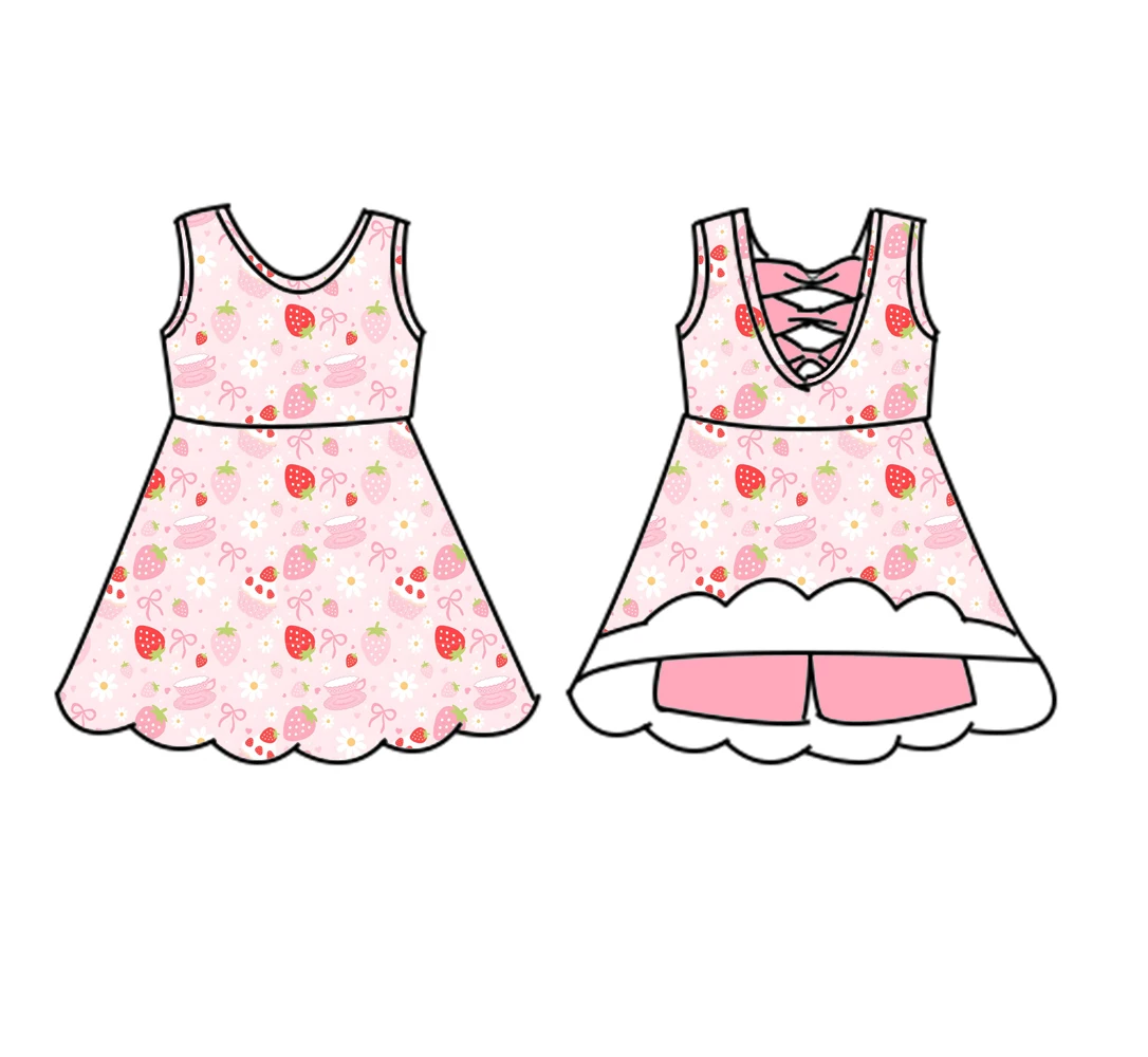 Strawberry and Cherry Print Girls Summer Sleeveless Bow Back Style Fashion Boutique Dress