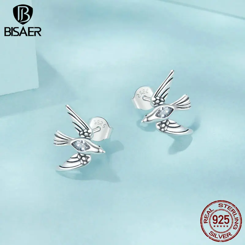 BISAER 925 Sterling Silver Bird Stud Earrings Animal Inlaid Zircon Hypoallergenic Earrings For Party Women Fine Jewelry ECE1751