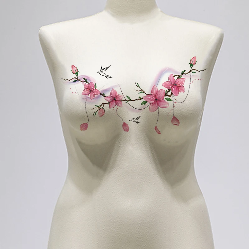 Trendy and Sexy Colored Cherry Blossom Flower Chest Temporary Sticker Waterproof and Sweat Proof Disposable Tattoo Sticker