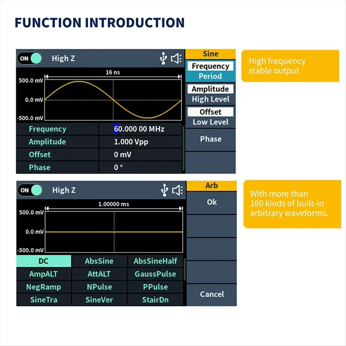 M85K مولد إشارة الموجي التعسفي قناة واحدة 60 ميجا هرتز 1CH 3.6 بوصة سطح المكتب 14 بت يدعم وظيفة SCPI Labview الاتحاد الأوروبي التوصيل