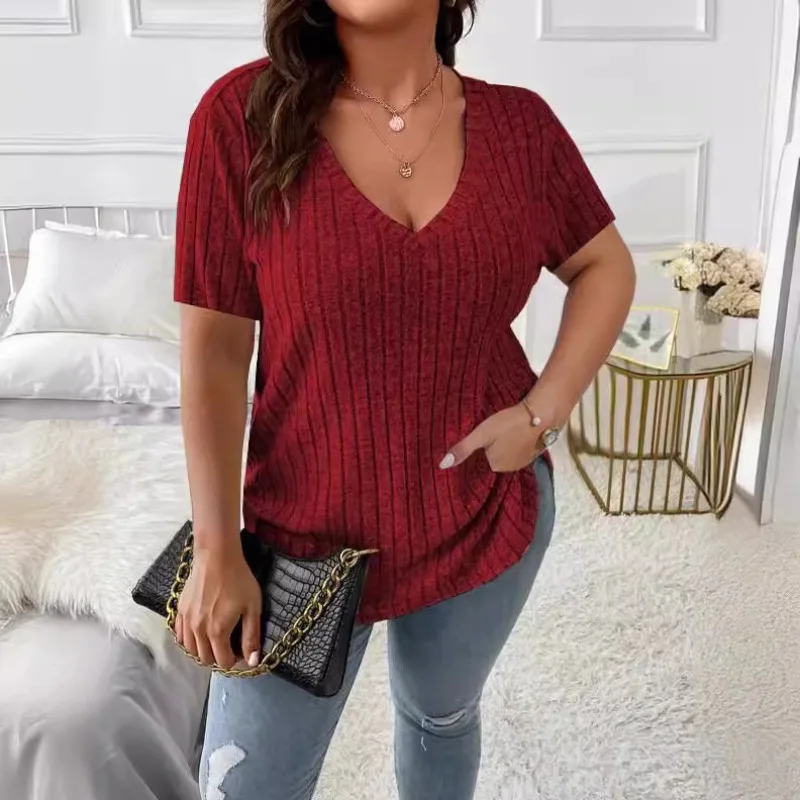 Women's Oversized T-shirt Casual Short Sleeve T‑Shirt V‑Neck Vertical Ribbed Knit Soft Loose Fit Daily Wear Tops Multi‑Colors