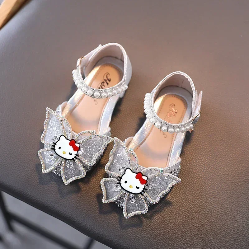 Sanrio hello kitty sandálias infantis com laço de strass, sapatos de performance para meninas, verão, novas solas macias, sapatos de princesa para estudantes