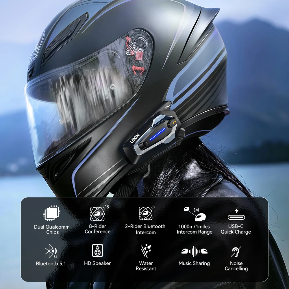 NEW-LEXIN G10 Motorcycle Helmet Intercom, 8 Riders Dual Qualcomm Bluetooth 5.1 Intercom, Parallel Audio- Intercom and Stream Mus