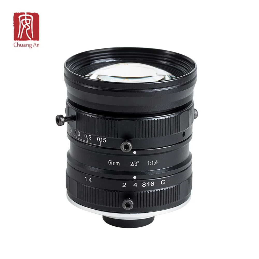 CH677A 6mm  F1.4-16 5MP CS-Mount Fixed Iris Manual Focus Machine Vision Lens 57.6/73.5 Angle View Distortion 0.1m M.O.D