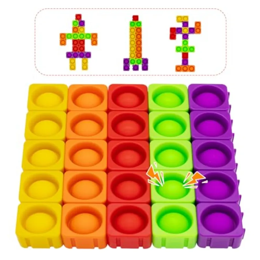 

25PCS Rainbow Fidget Blocks, Silicone Bubble Popper DIY Building Blocks, CVC Phonics Educational Sensory Toy, Stress Relief Puz