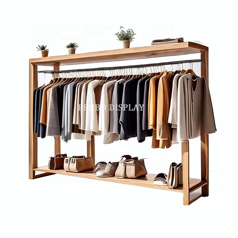 custom.Wood Wall Display Shelf with Hanger Pretty Garment Racks and Clothes Display Stand Retail Clothing Store Furniture