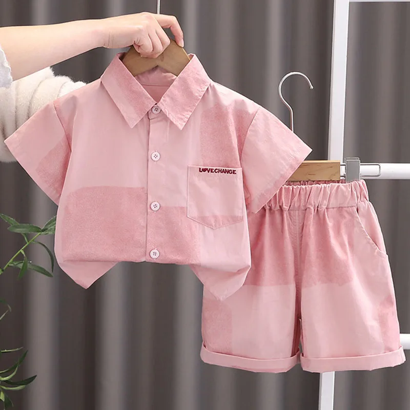 

2Piece Sets 2025 Summer Toddler Boy Outfits Korean Fashion Letter Short Sleeve Pink Tops+Shorts Kids Clothes Baby Clothing B057