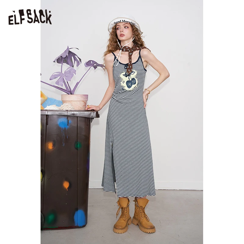 ELFSACK 2025 صيف جديد وصول عادية مطبوعة فستان الرسن تي شيرت فستان الجانب سبليت قرصة الخصر تنورة طويلة للمرأة