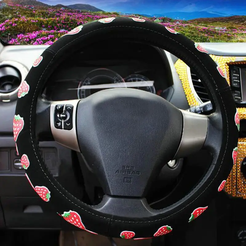 Cute Strawberry Print Car Steering Wheel Covers Universal Elasticity No Inner Circle Steering-wheel Protector Auto Accessories