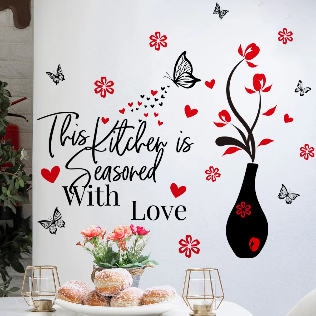 

30*90cm English Kitchen Vase Butterfly Flower Wall Stickers Kitchen Living Room Study Decoration Mural Wall Stickers Ms8356