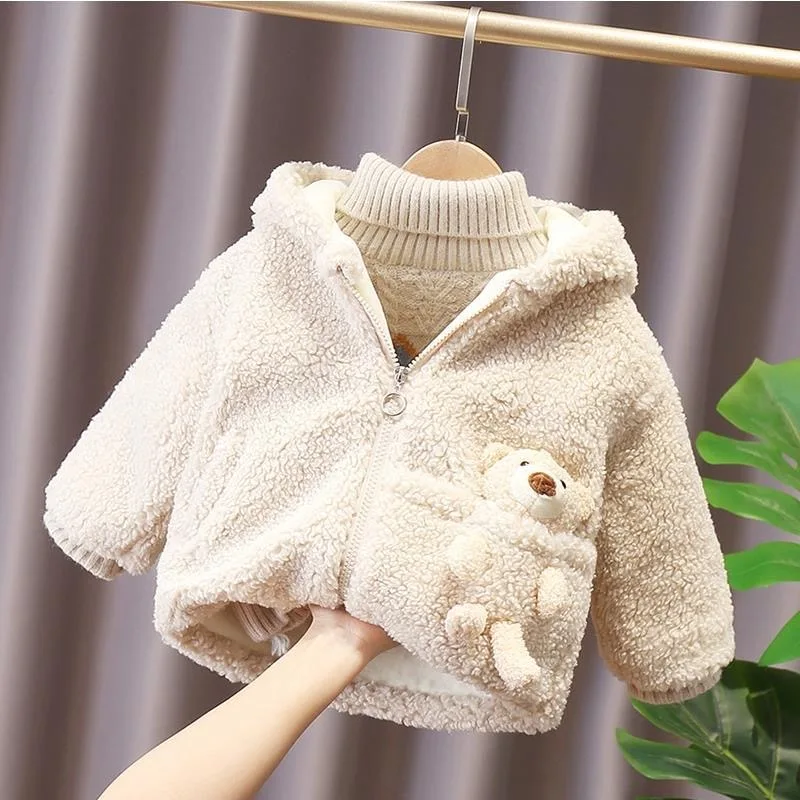 1 2 3 4 5 6 Years Baby Boy Jacket Winter Thicken Warm Hooded Children\'s Outerwear Cute Bear Plush Coats For Toddler Girl Clothes