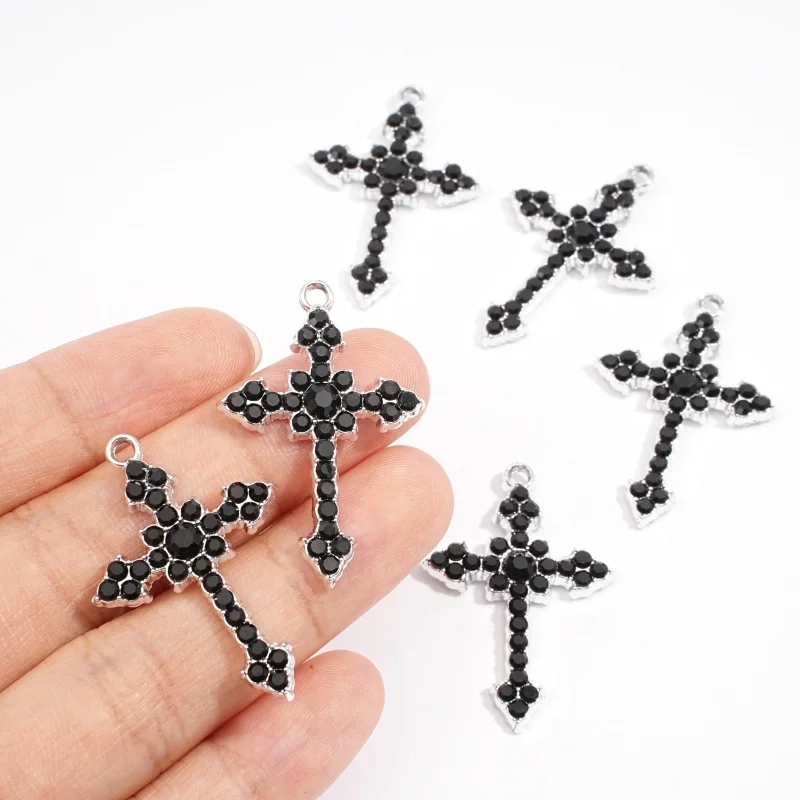 5Pcs Black Baroque Style Imitation Crystal Inlaid Cross Metal Pendant Jewelry Necklace Bracelet Earring Accessories