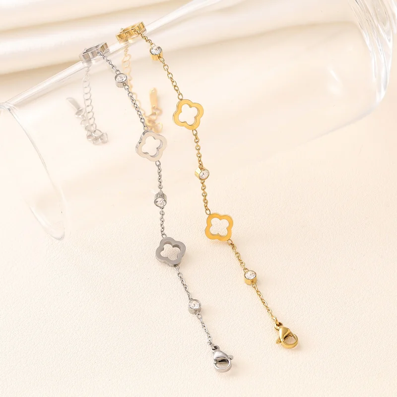 EVISPOL Fashion Stainless Steel Clover Flower Bracelet Set for Women Stylish Gold Color Bangles Earring Piercing Jewelry Gifts
