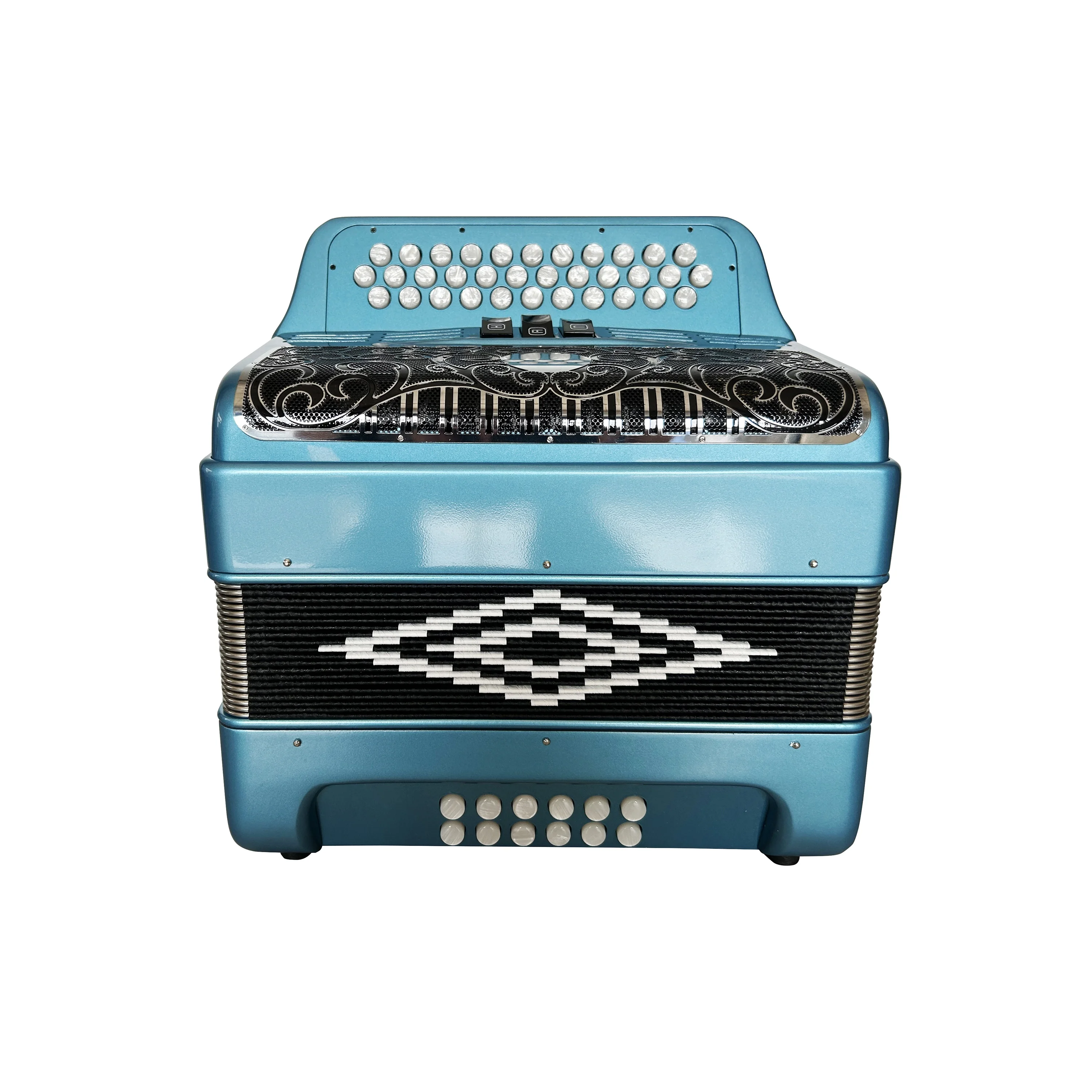 High Quality Diatonic Accordion Instrument 34 Buttons 12 Basses 3 Registers Blue Metallic  Acordeon Black Silver Grill