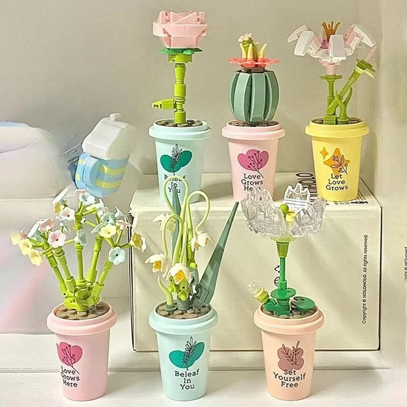 JAKI DIY MOC Potted Plants Vase Cup Succulents Cactus Gypsophila Mountain Lotus Decorate Building Blocks Sets Kits Toys