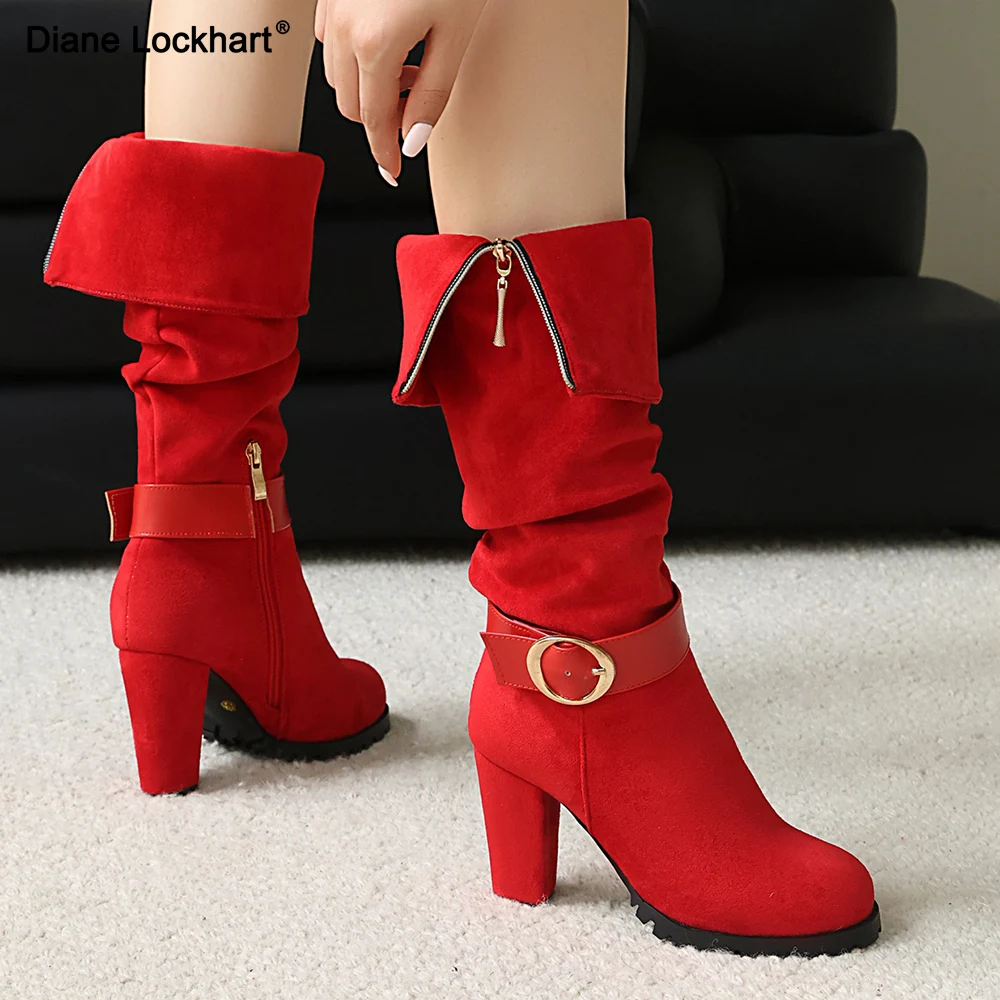 

Женские сапоги до колена с перевернутым носком, удобные зимние модные ботинки большого размера на высоком квадратном каблуке с боковыми молниями, женская обувь