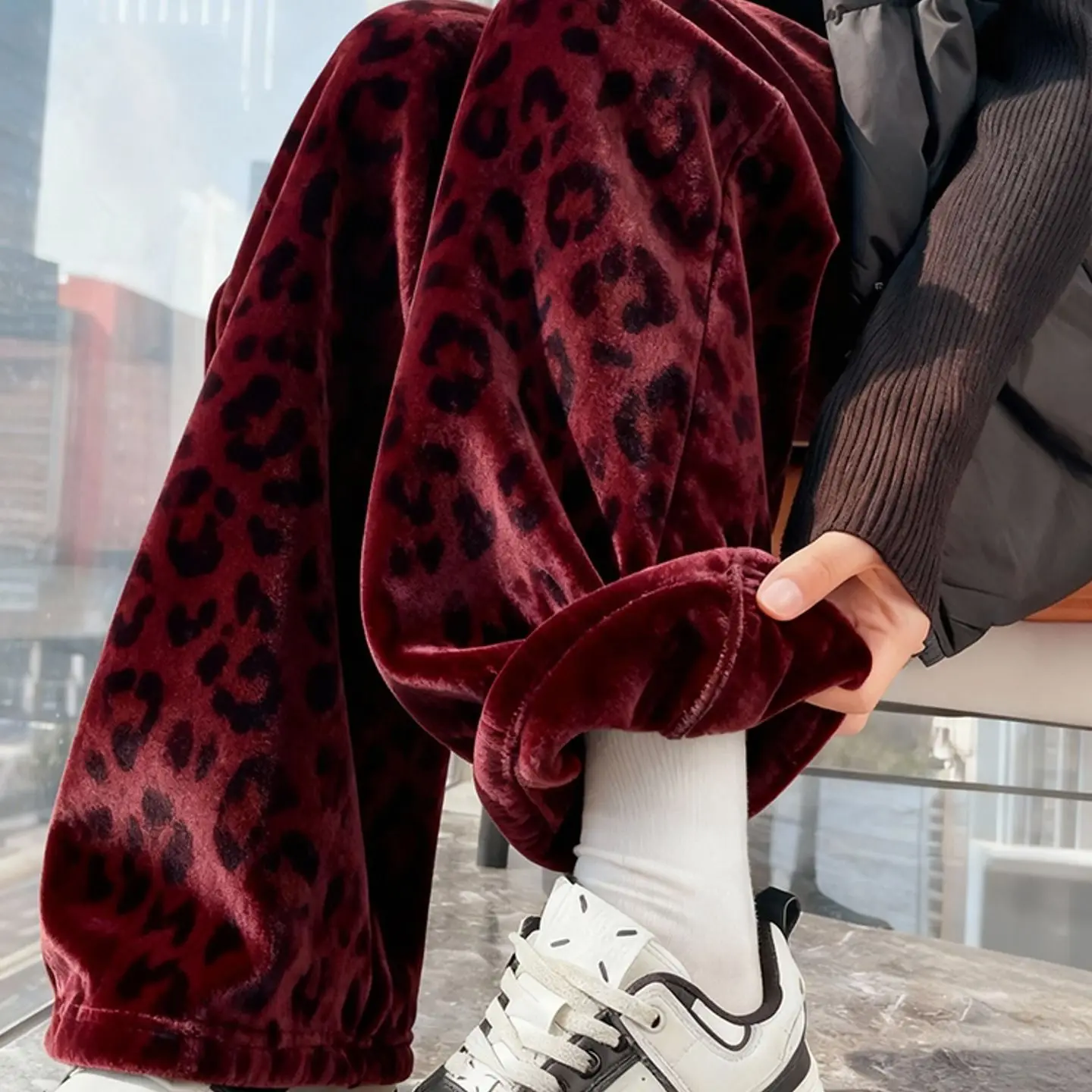 retro red leopard print velvet wide-leg pants women's autumn and winter great-looking  velvet straight casual pants