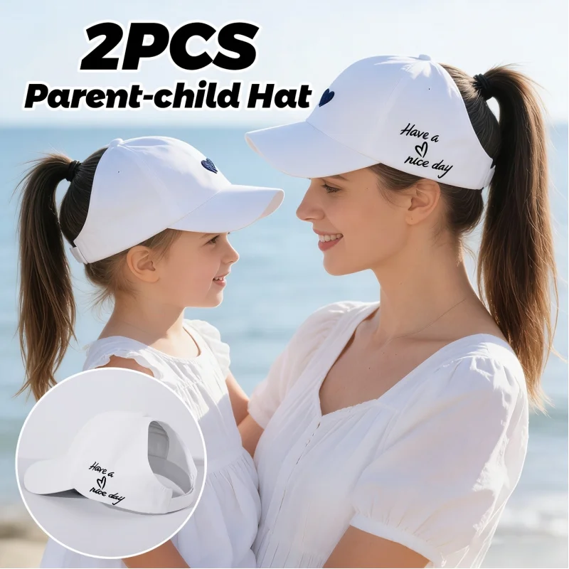 Summer Parent-Youngsters Matching Open-Top Baseball Caps 2pcs Ponytail Sunhat Beach Outings and Daily Trips