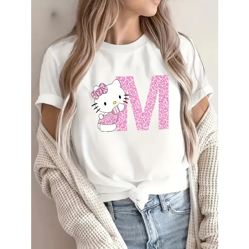 

Hello Kitty and Letter Combination Fun Pattern Printed Cotton Women Casual Fashion Short Sleeved Round Neck Women Trendy T-shirt