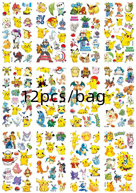 12pcs TAKARA TOMY Pikachu Tattoo Stickers Pokemon Waterproof Cute Applique Sticker Toy Child Christmas Gift Monster Figure Dolls