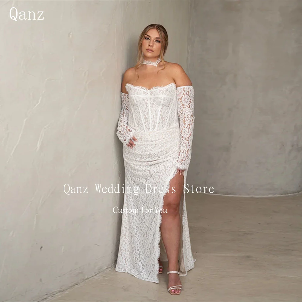 Qanz Elegant Women Wedding Dresses High Side Slit Lace Appliques Bridal Gowns Floor Length Robe De Mariée 2026 Customized