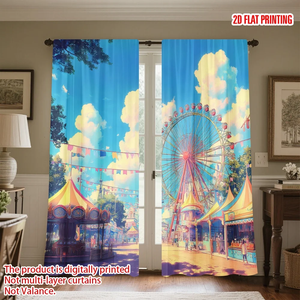 Vibrant Carnival Fairground Curtains Digital Print Rollercoaster Ferris Wheel Window Panels Home Decor Treatment Summer