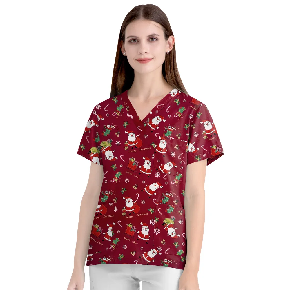 Christmas Print 2023 Nurse Uniform Shirt BabYoung High Quality Elastic Workwear Unisex Short Sleeve Scrub Top V Neck Doctor