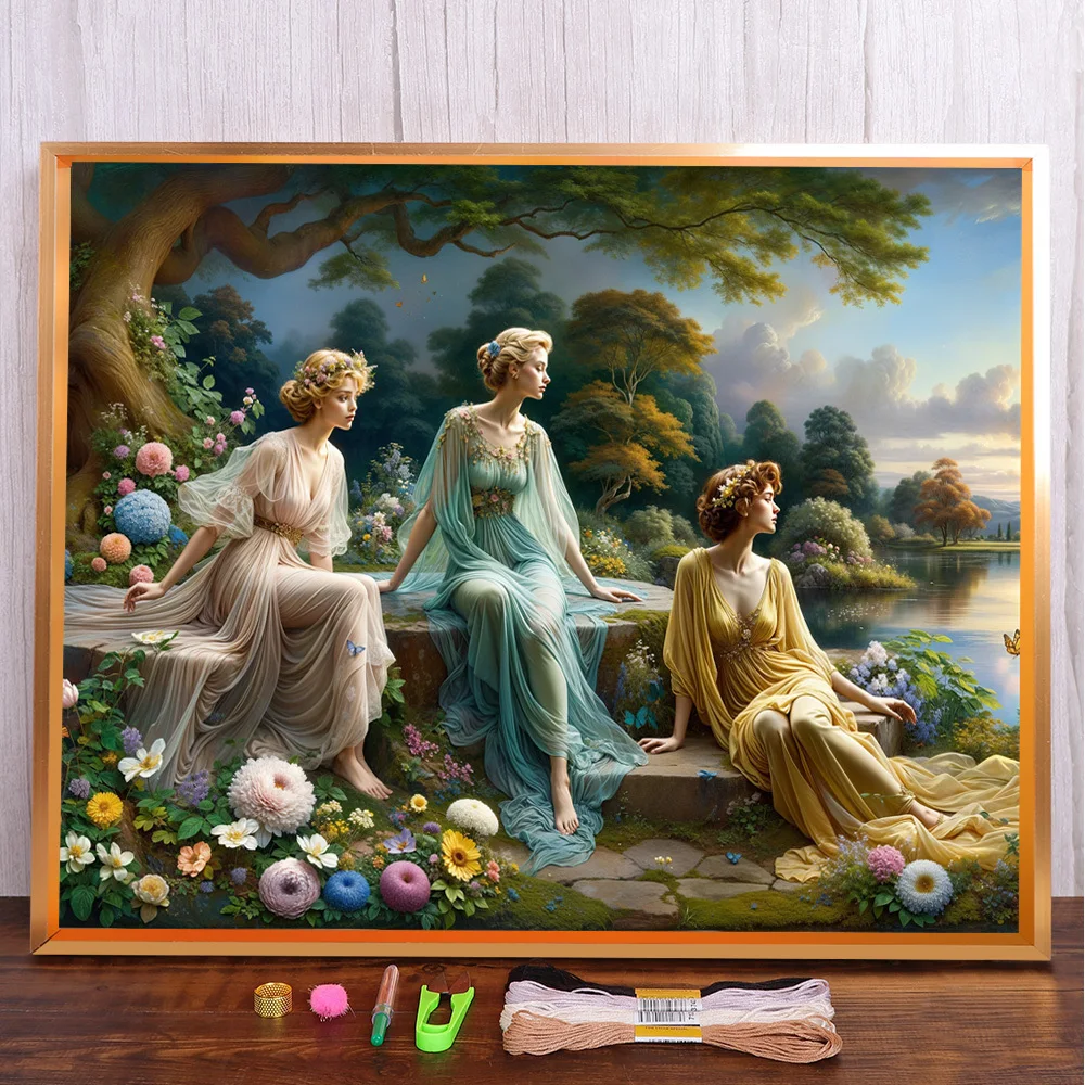 Classical Girl Printed Fabric 11CT Cross Stitch Embroidery Patterns Needlework Handiwork Handicraft Knitting Mulina Counted Gift