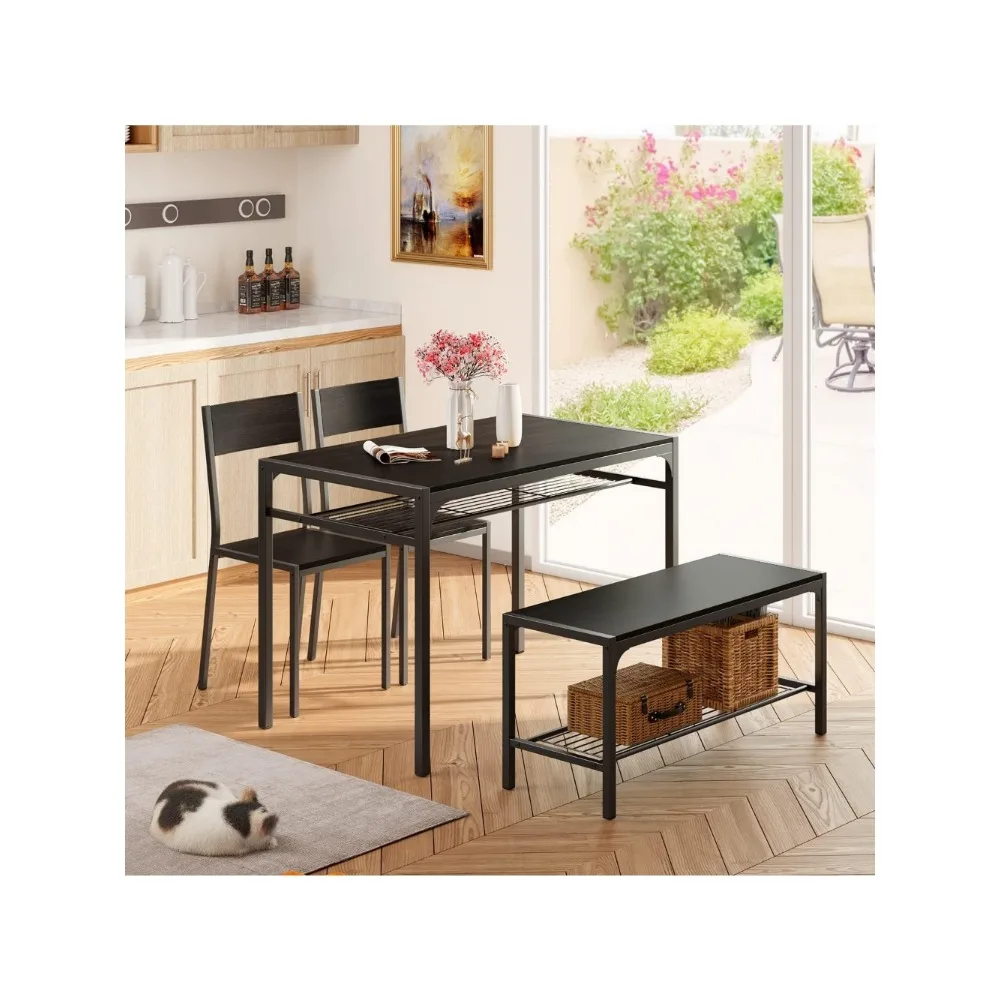 Kitchen Table and 2 Chairs for 4 with Bench, 4 Piece Dining Table Set for Small Space, Apartment