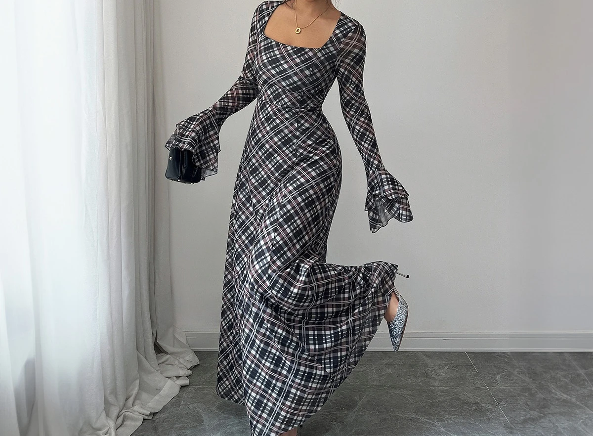 قميص منقوش أنيق بأكمام واسعة وتنورة معانقة الورك فستان نسائي لخريف وشتاء 2025 #3