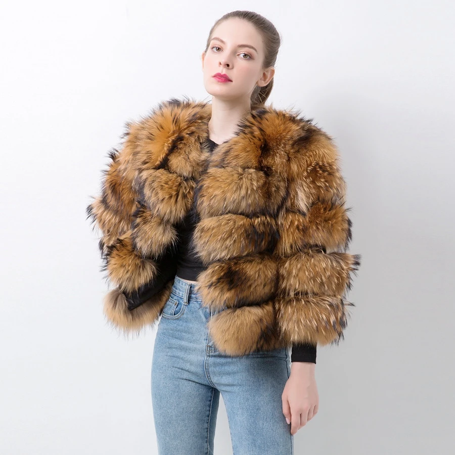 Free Shipping Fluffy Natural Color Raccoon Fur Coat Women slim fit Jacket