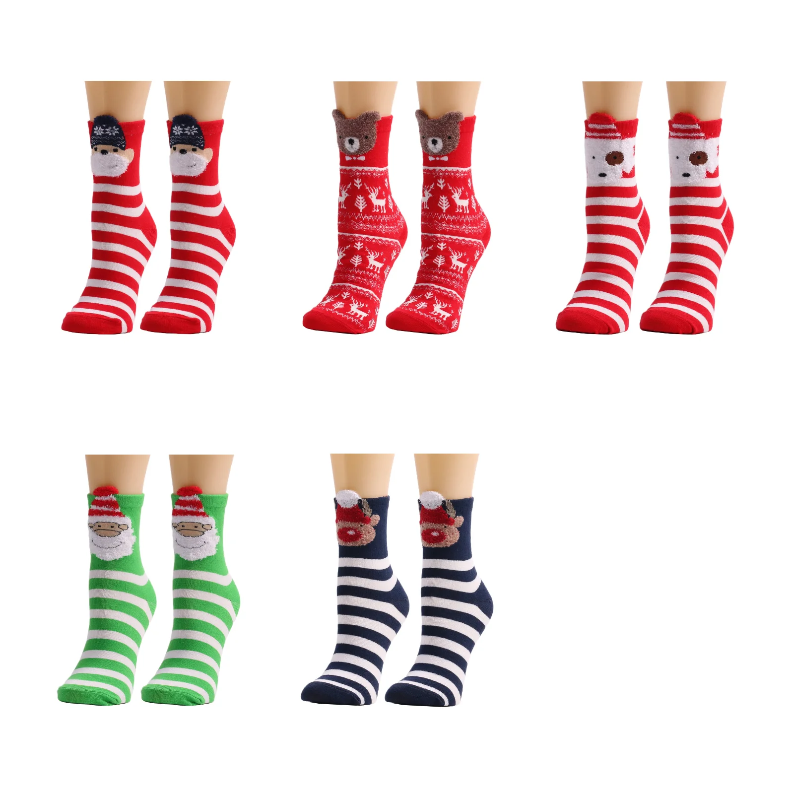 Christmas cute cartoon elk mid-calf socks set (1 pair each of blue hat dog/elk bear/one-eyed dog/old man green/little bear blue)