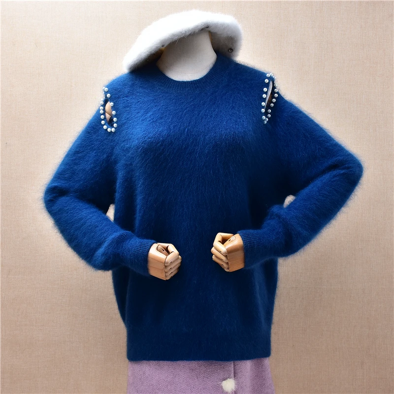 Women Mujer Fall Winter Korean Fashion Hairy Angora Rabbit Hair Knitted O-Neck Off Shoulder Sleeves Beading Loose Sweater Jumper