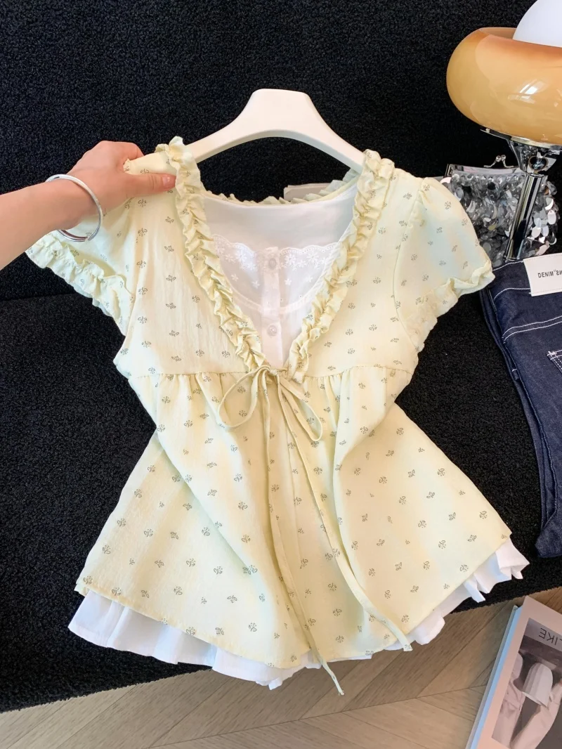 

Summer New Polka Dot Fake Two-Piece V-Neck Blouse Women's Doll Shirt Wooden Splice Top Breathable Loose Fit Short Sleeve