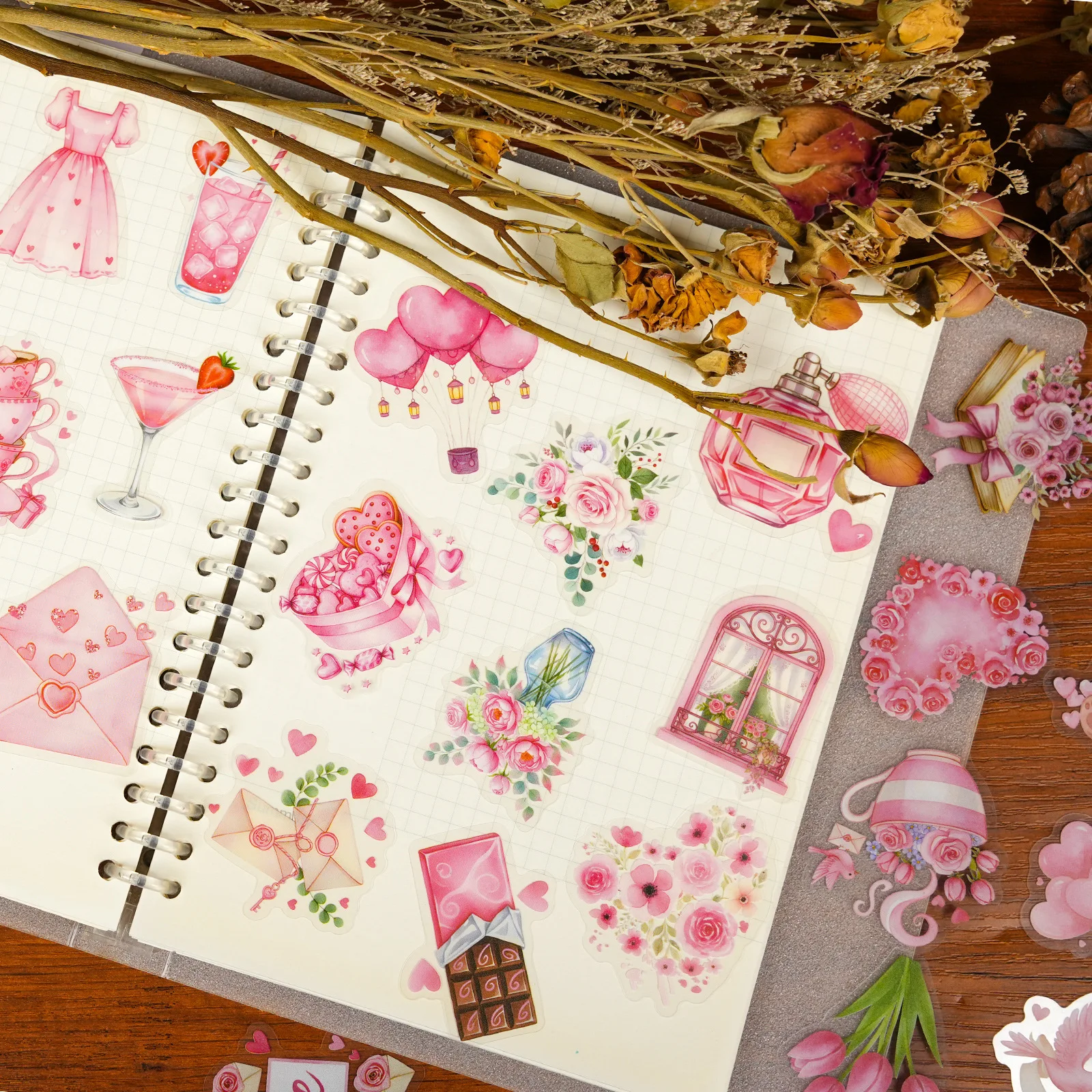 56/112PCS Pink Valentine's Day Cartoon Stickers Transparent PET High Beauty Festival Decorative Stickers