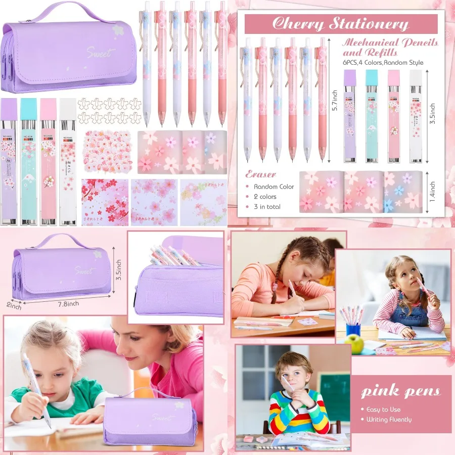 

Crtiin 74 Pcs Kawaii Cherry Blossom Stationery Set with Japanese Kawaii Design for Office and Party Favors Includes Mechanical