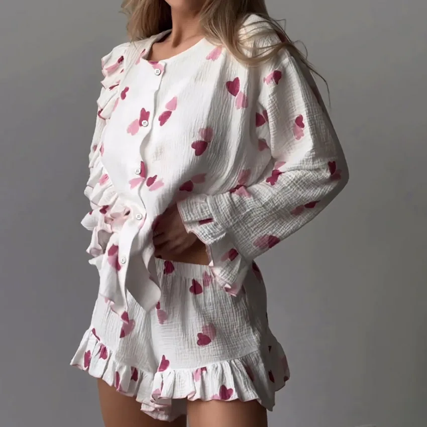 Autumn Sleepwear Ruffled Heart Print Long-sleeved Shorts Women\'s Cotton Pyjama 100% Cotton Pajamas Home Wears  2Pcs Nightwear