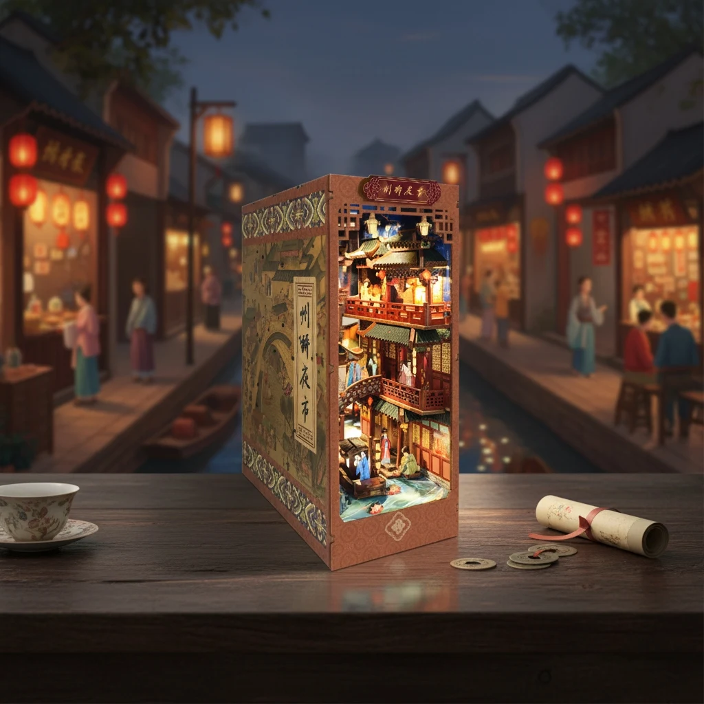 

OUZEY Wooden Night Market Book Nook DIY Kit - Ancient Street Snack Scene, Miniature Landscape Shelf Insert, Creative Craft Gift