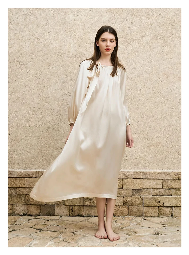 Luxury Mulberry Silk Women's Dress Champagne Silk Nine-point Sleeve Lace-up Dress Casual Home Wear Comfortable Loose Plus Size