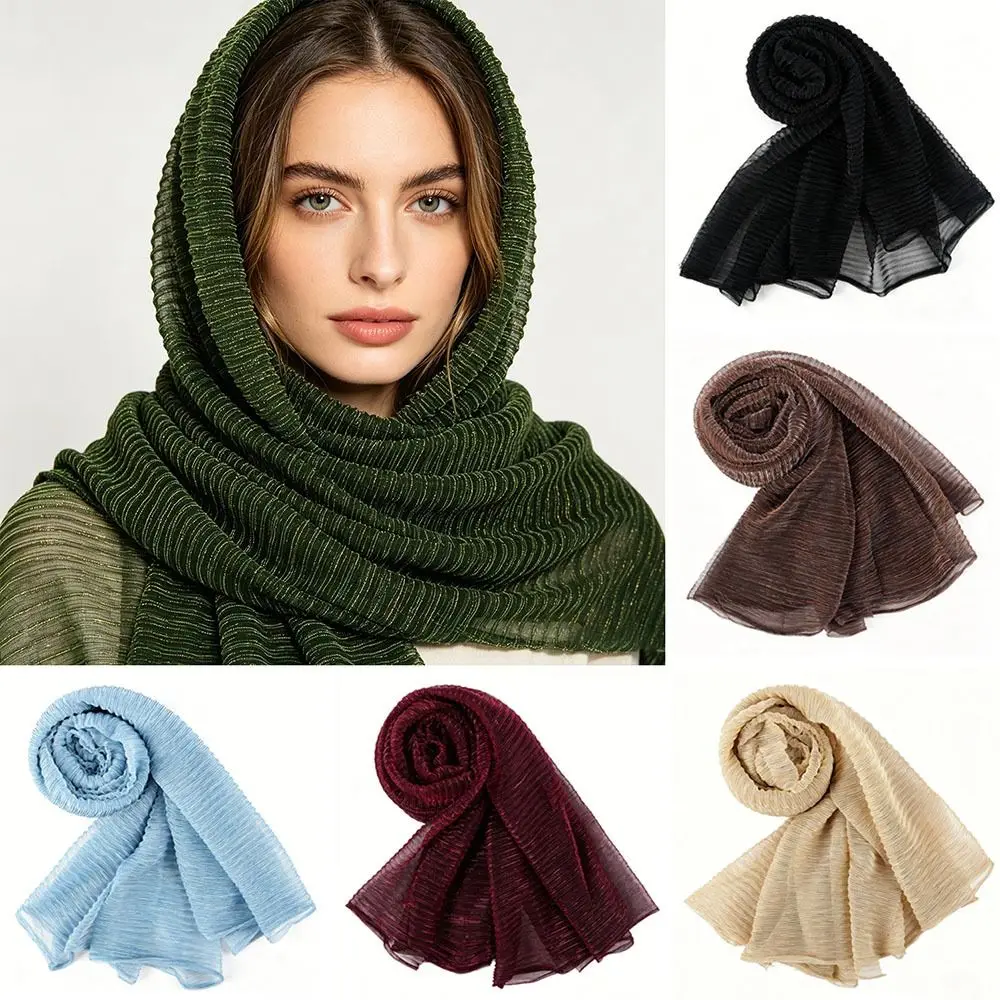

High Qulaity Solid Color Silk Scarf breathable Crinkle Chiffon Hijab Veil Gold & Silver Wire Long Head Wrap Outdoor