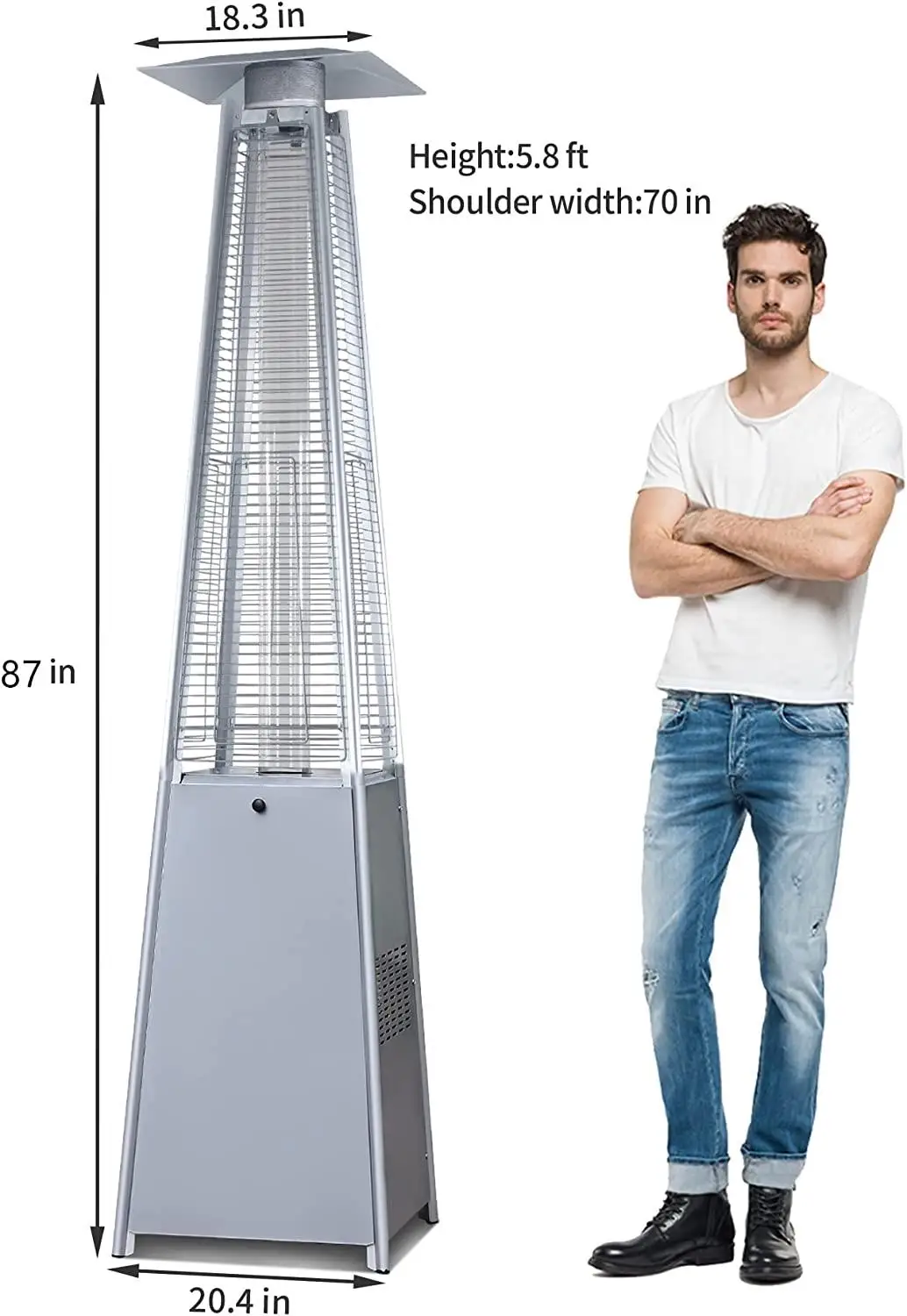 Manufacturer of Stainless Steel Traditional Style Pyramid Shape Outdoor Patio Heater with Gas Glass Tube Piezo Ignition Stocked