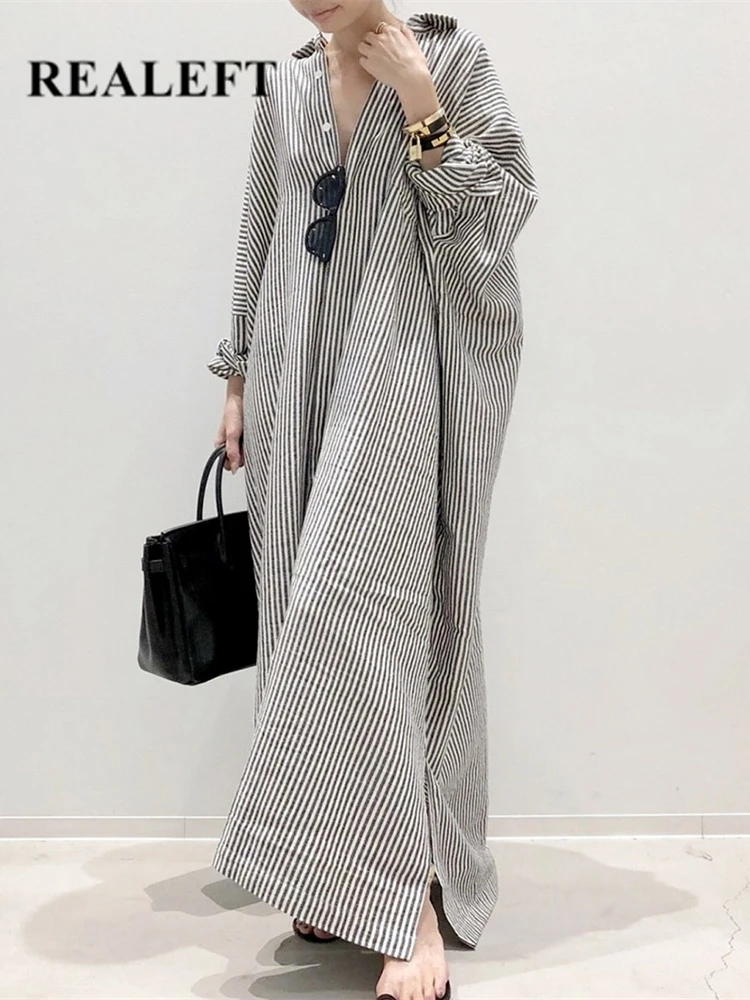 

REALEFT 2023 New Striped Women's Long Shirts Dresses Autumn Long Sleeve Single Breasted Casual Loose Straight Dresses Female