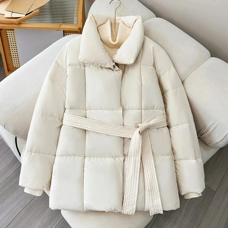 2025 Fashion Koreaanse Losse Lange Parka Jas Vrouwen Uitloper Nieuwe Vrouwen Katoen Gewatteerde Jas Stand Kraag Riem Vrouwen Katoenen Jas
