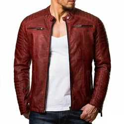 Red Leather Jacket Men 2024 Fashion Stand Collar Zipper Cardigan Stage Dance Costume Leather Jacket Male Motorcycle Bomber Coats