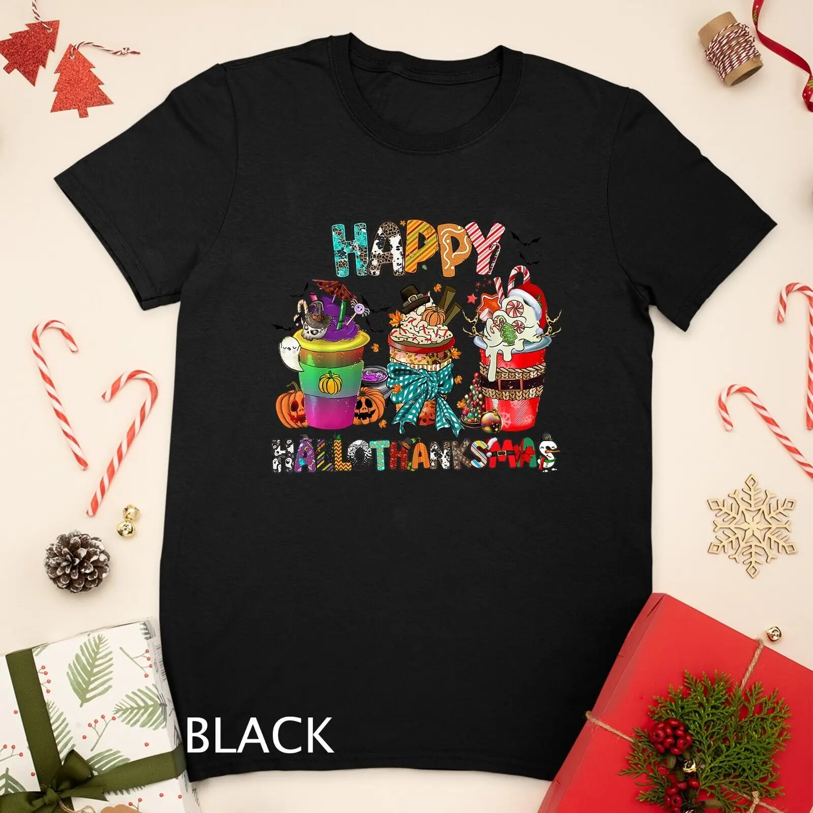 Coffee Halloween Thanksgiving Christmas Happy Hallothanksmas Unisex T-shirt