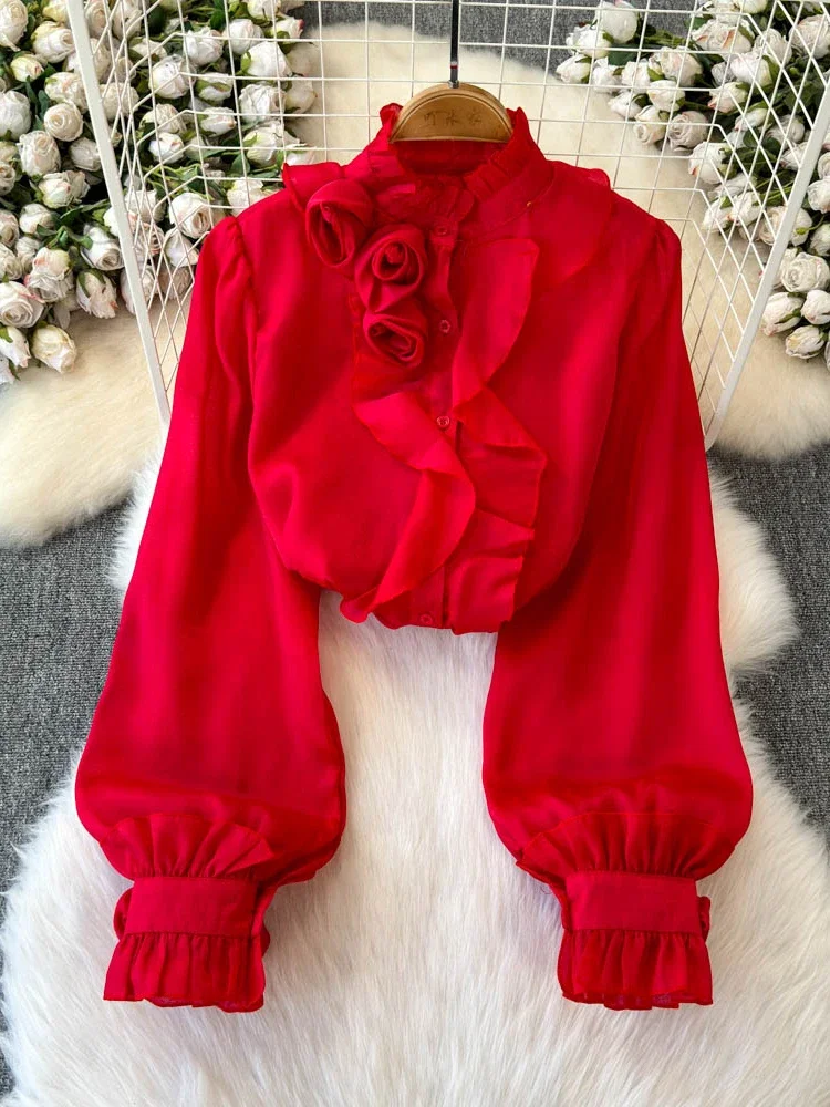 

French Retro Ruffled Tuxedo Shirts for Women White Black Pink Chiffon Stand Up Collar Long Sleeved Fashionable Blouse Tops C62